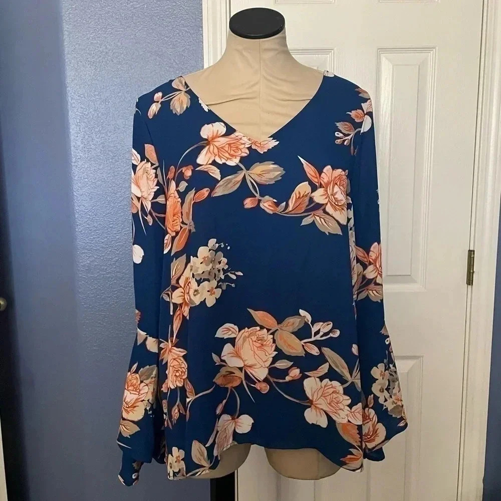 Navy Floral Bell Sleeve Top - Picture 7 of 11